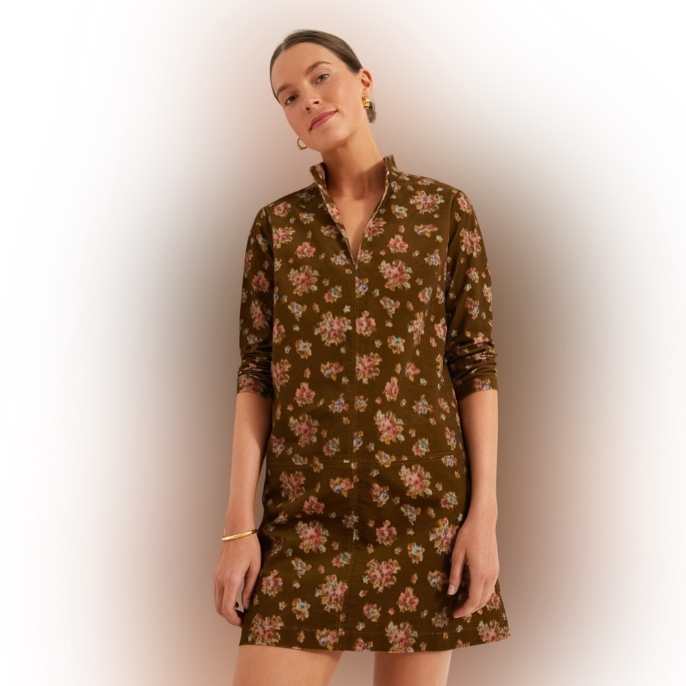 NEW Tuckernuck Hazel Bouquet Corduroy Dress Floral 3/4 Sleeve Brown Large NWT